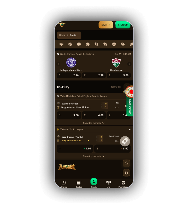 The AmunBet sportsbook with football, basketball and tennis markets listed